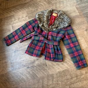 Upcountry by du monde faux fur red plaid wool coat